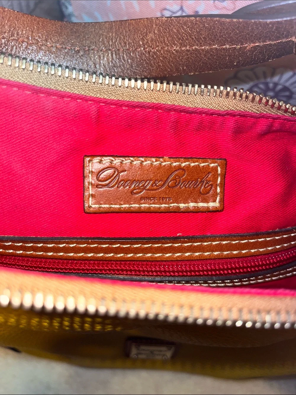 Dooney & Bourke Mustard Pebbled Leather Messenger Bag with Brown Trim